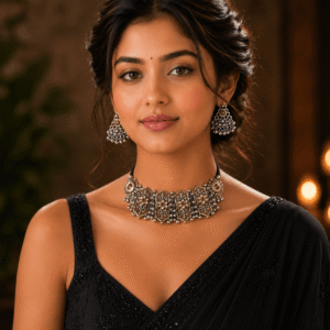 A model wearing a Kreezo handcrafted oxidized German silver choker featuring detailed floral panels with red and green stone accents, paired with matching tiered jhumka earrings.