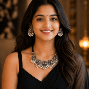 A model showcasing a Kreezo handcrafted oxidized silver necklace featuring five circular engraved medallions with amber-toned centers and dense white pearl fringe droplets, paired with matching circular earrings.