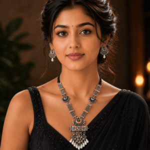 A model showcasing a Kreezo handcrafted oxidized German silver long necklace featuring intricate floral patterns, copper-tone accents, and elegant white pearl drops, paired with matching circular earrings.