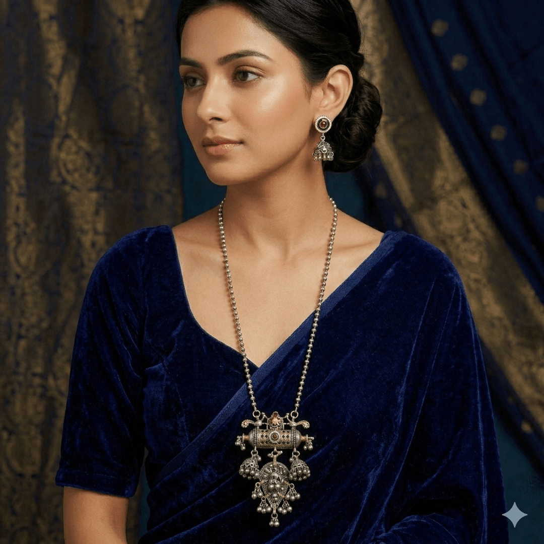 Oxidized Silver Long Mala Necklace