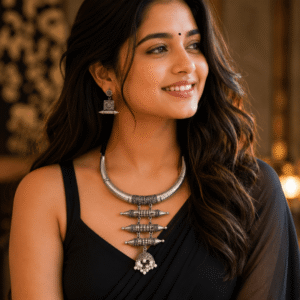 A model showcasing a Kreezo oxidized silver hasli necklace featuring a unique tiered spindle-style pendant with a pearl-drop jhumka, paired with matching square geometric earrings.