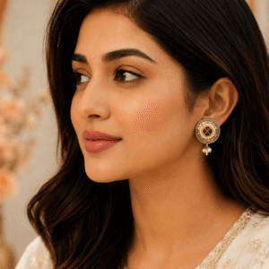 Woman wearing traditional round kundan stud earrings with pearl drops and multicolor stone detailing.