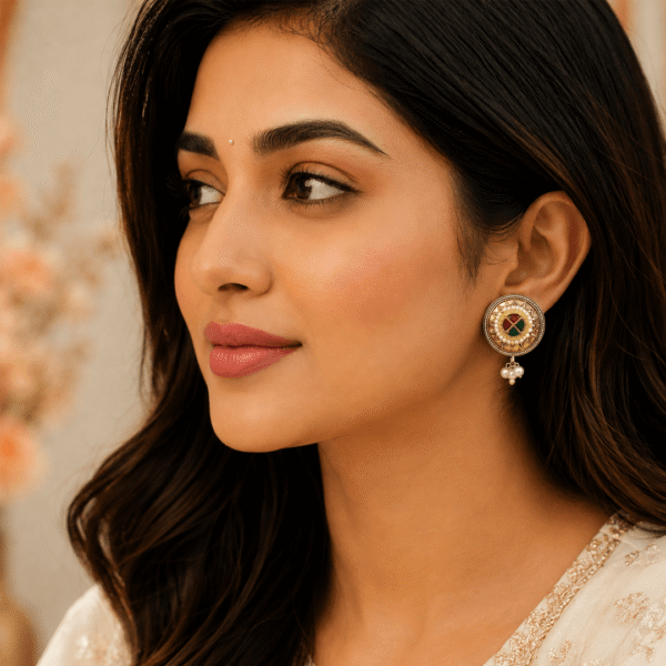 Woman wearing traditional round kundan stud earrings with pearl drops and multicolor stone detailing.