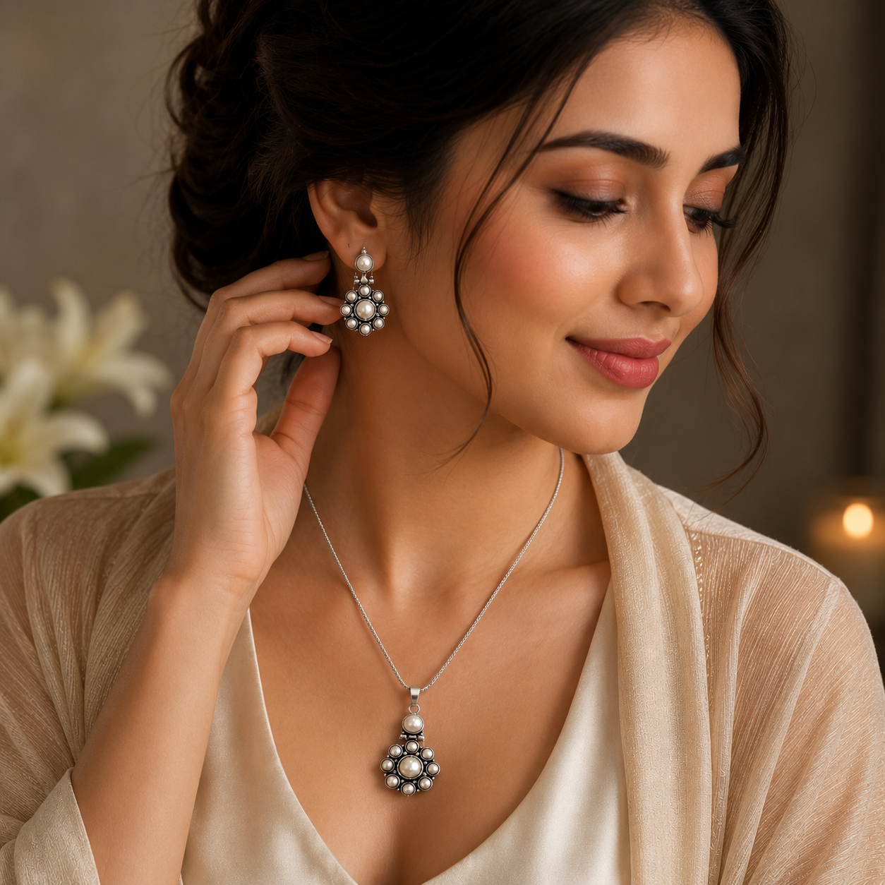 Model wear white pearl pendent set