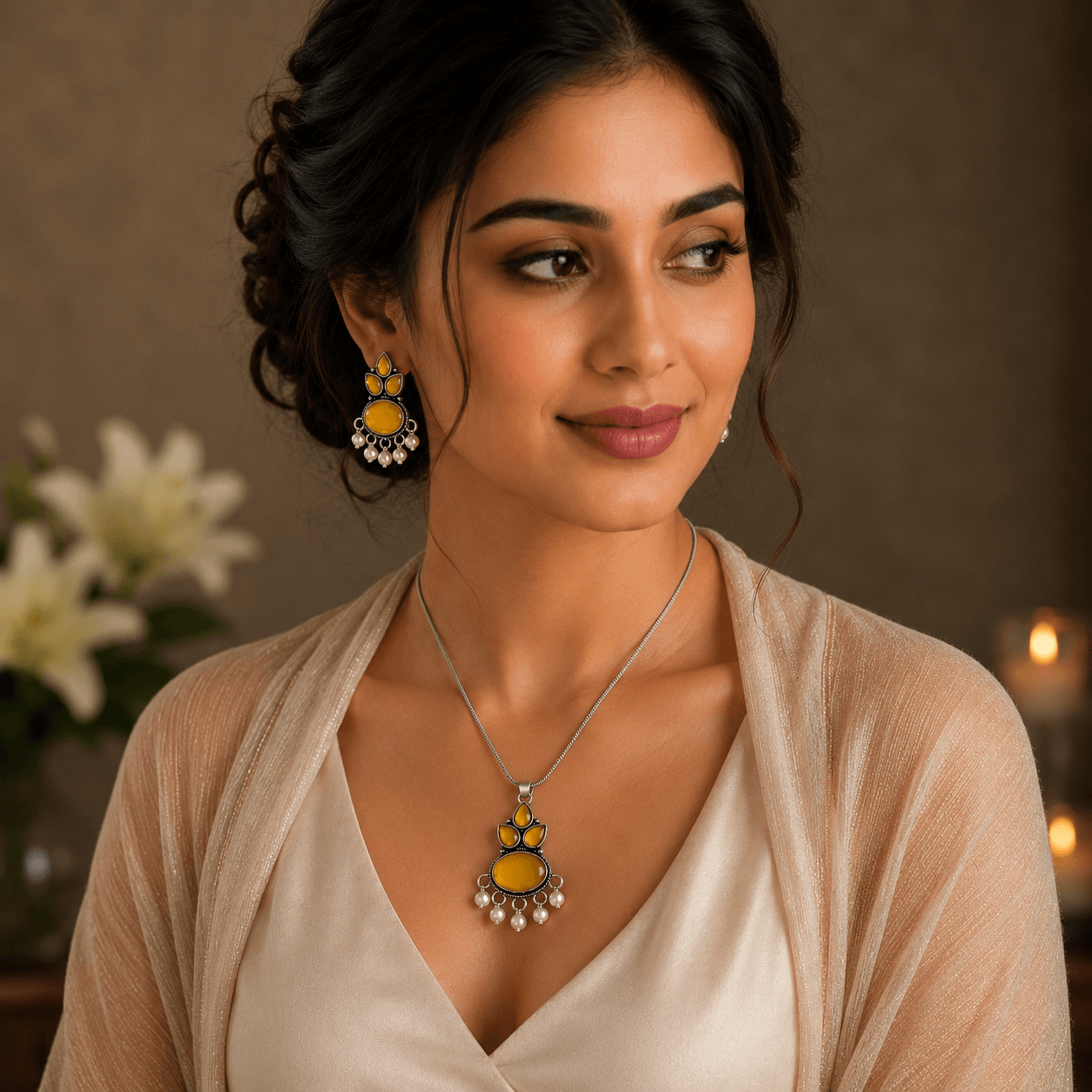 Woman wearing silver pendant necklace with mustard yellow stone and pearl drops along with matching ethnic earrings in a premium studio setting