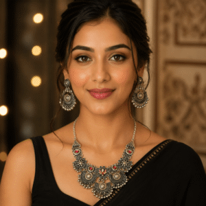 Woman wearing oxidised chandbali earrings with pearl drops and intricate traditional detailing.