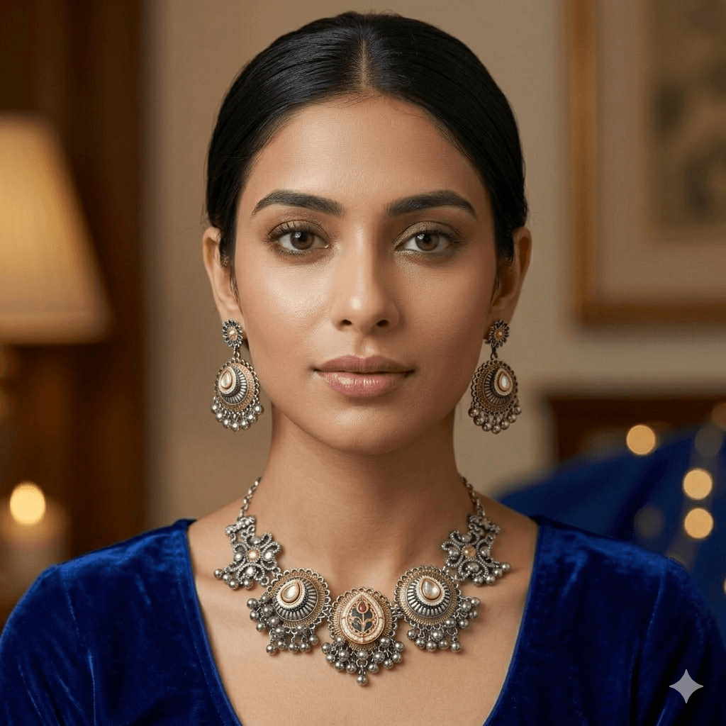 Front-facing portrait of a woman wearing a traditional oxidized silver choker necklace featuring a green and red Meenakari floral pendant and matching Jhumka earrings.