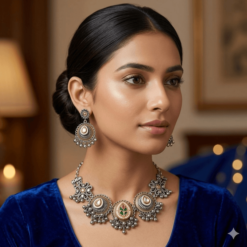 Front-facing portrait of a woman wearing a traditional oxidized silver choker necklace featuring a green and red Meenakari floral pendant and matching Jhumka earrings.