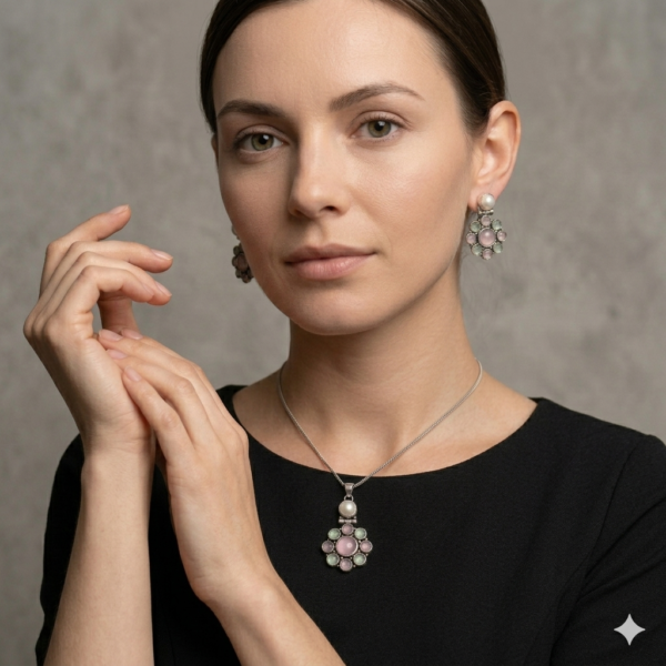A premium, close-up photograph of a woman, seen from the chest up, wearing the matching silver, pearl, and gemstone jewelry set.