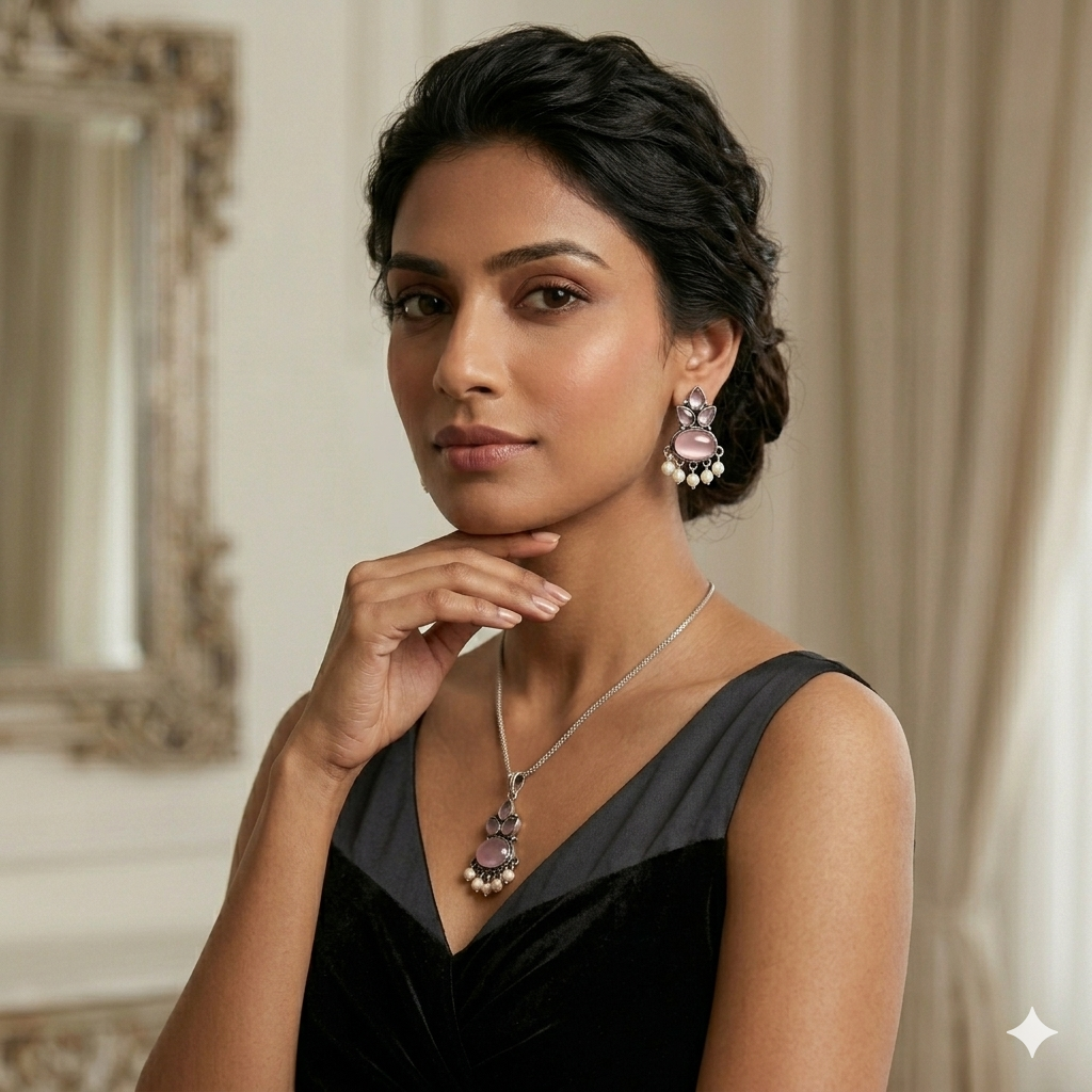 A premium studio portrait of a woman wearing the Amara collection handcrafted sterling silver necklace and matching stud earrings, which feature natural pink cat’s eye quartz cabochons, tiny purple accent gems, and freshwater pearl dangles.
