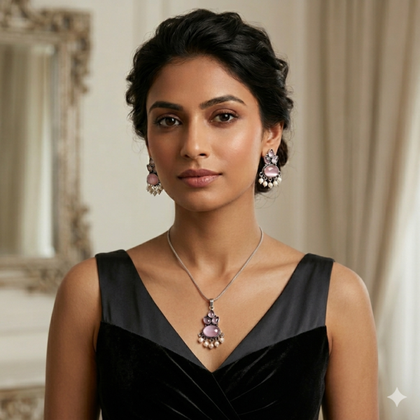 A premium studio portrait of a woman wearing the Amara collection handcrafted sterling silver necklace and matching stud earrings, which feature natural pink cat’s eye quartz cabochons, tiny purple accent gems, and freshwater pearl dangles.