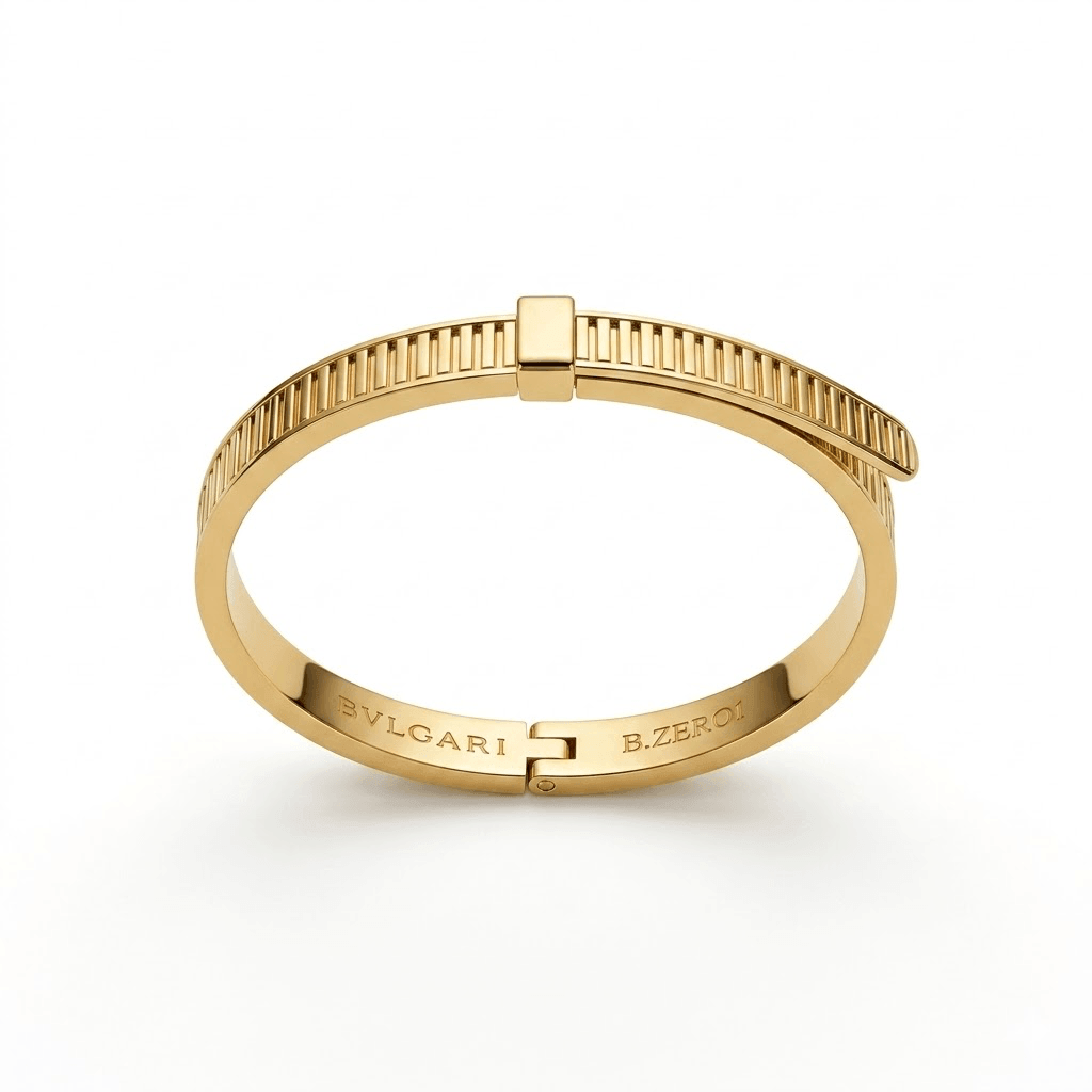 A polished yellow gold hinged bangle bracelet featuring a structured architectural ribbed pattern along the band, an asymmetric overlapping top closure with a central square clasp accent, and inner brand engravings on a white background.