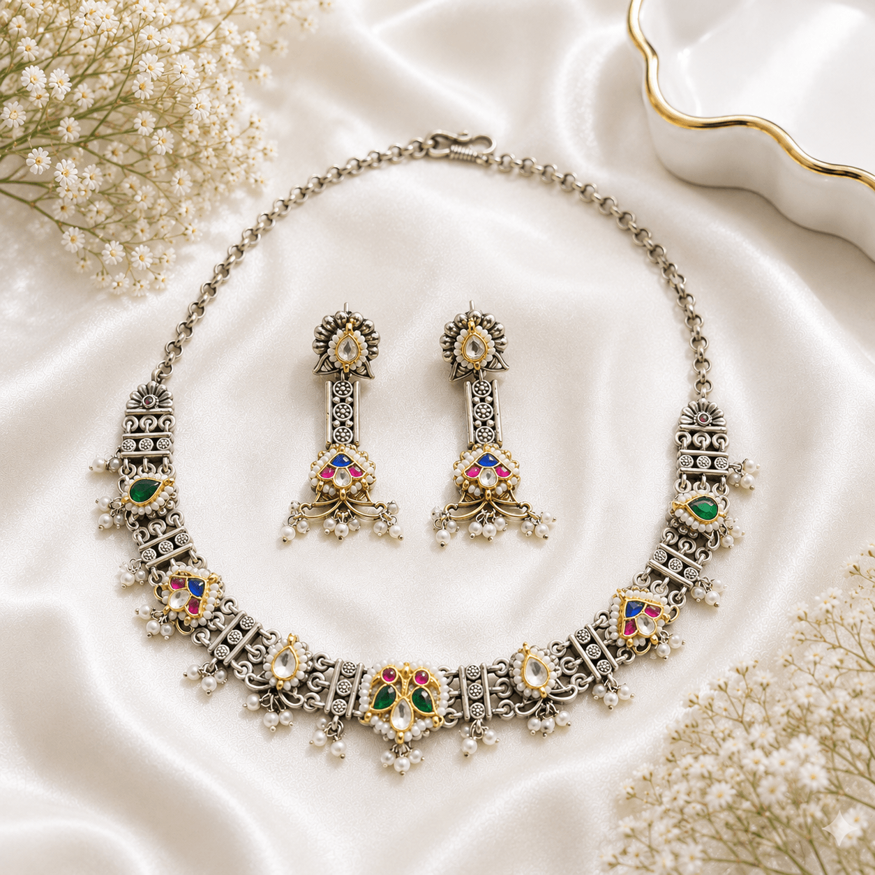 Traditional German silver necklace set with multicolor stones, pearl detailing, and matching statement earrings on white satin background.