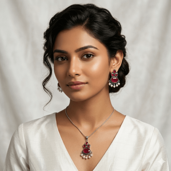 A close-up shot of a woman in a white ethnic outfit wearing a matching oxidized silver necklace and earrings set featuring deep red stones and white pearl droplets.