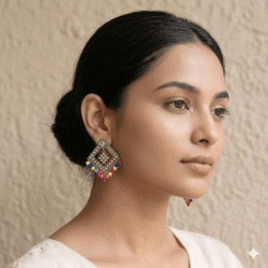 A side profile of a woman with her hair in a neat bun, wearing a geometric diamond-shaped oxidized silver earring adorned with a central flower pattern and a vibrant row of small, colorful hanging beads along the bottom edges.