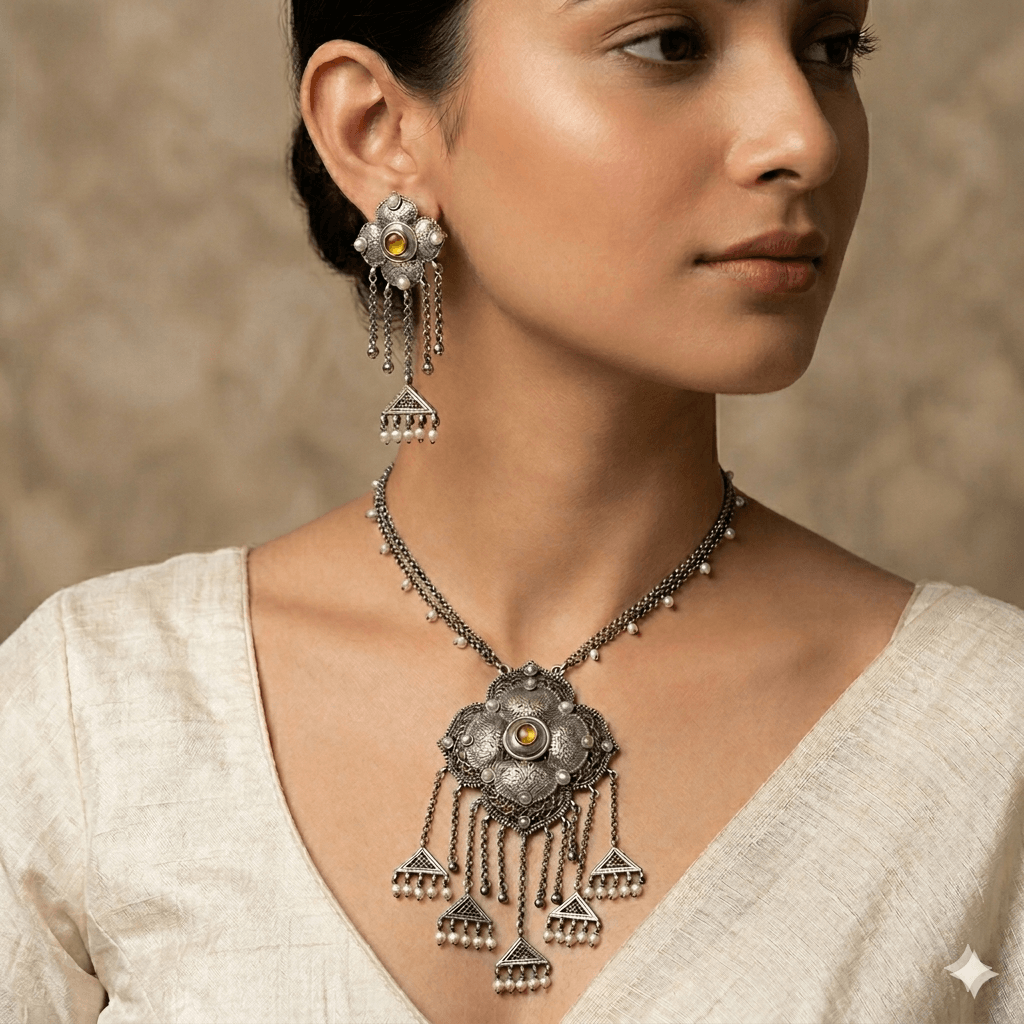 A detailed photo of an intricate German silver tribal-style necklace and matching tassel earrings.
