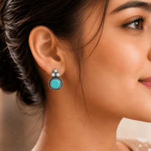 Beautiful woman wearing German silver round stud earrings