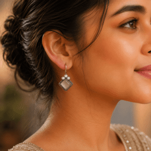 Beautiful woman wearing German silver stud earrings