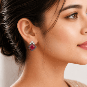 Beautiful woman wearing German silver stud earrings