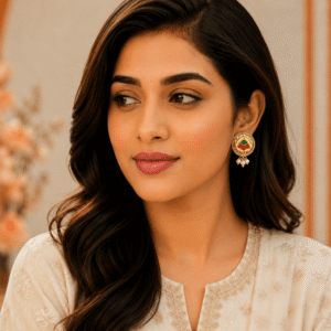 Elegant woman wearing round gold-plated traditional Indian stud earrings featuring red and green Meenakari work and hanging pearl drops.