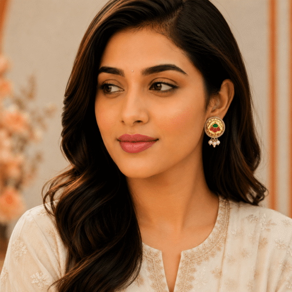 Elegant woman wearing round gold-plated traditional Indian stud earrings featuring red and green Meenakari work and hanging pearl drops.