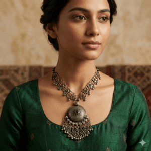 Model wear An authentic Afghani style silver tribal necklace with a wide multi-strand textured chain, a large circular medallion pendant featuring colorful stone details, and dangling ghungroo bell tassels on an adjustable black cord.