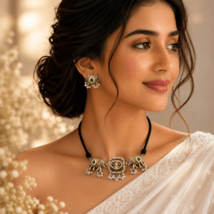A jewelry set featuring a choker necklace with two elephant motifs flanking a central hexagonal pendant with lotus designs, accompanied by matching elephant-shaped stud earrings, all adorned with green and pink gemstones and pearl dangles on a white silk background.