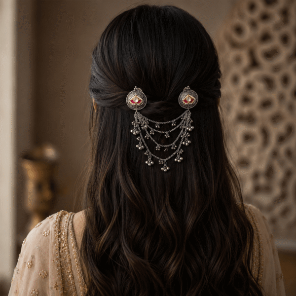 A woman with long dark wavy hair styled with two ornate German silver hair brooches connected by multiple tiers of delicate silver chains and small metallic dangles.