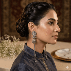 Close-up profile view of a woman wearing a premium antique silver statement earring with intricate traditional detailing and long metallic hanging tassels.