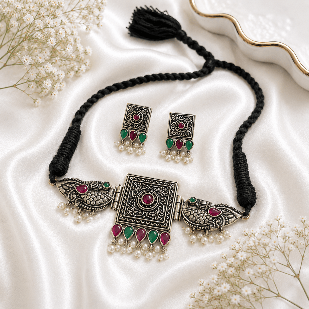 Oxidized Multi Beads Choker Necklace Set - Image 2