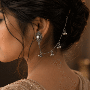 A close-up view of a traditional oxidized silver earring featuring an intricate oval motif with a central pearl, connected to an elegant ear chain (kansar) that drapes along the hair and features small metallic dangles.