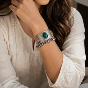 Oxidized silver kada bracelet with pink, green, and yellow stones, wave engraved design, and hanging ghungroo beads on white satin background