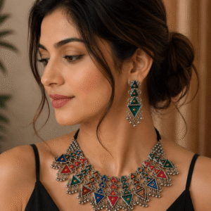 Beautiful model wearing oxidized silver multicolor triangle choker necklace with matching long earrings
