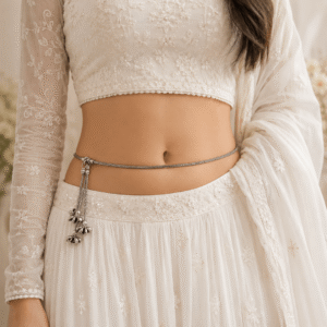 A woman wearing a simple, sleek oxidized silver waist chain (kandoro) over a white embroidered lehenga, featuring a thin snake-chain style belt with a delicate dangling charm tassel on one side.