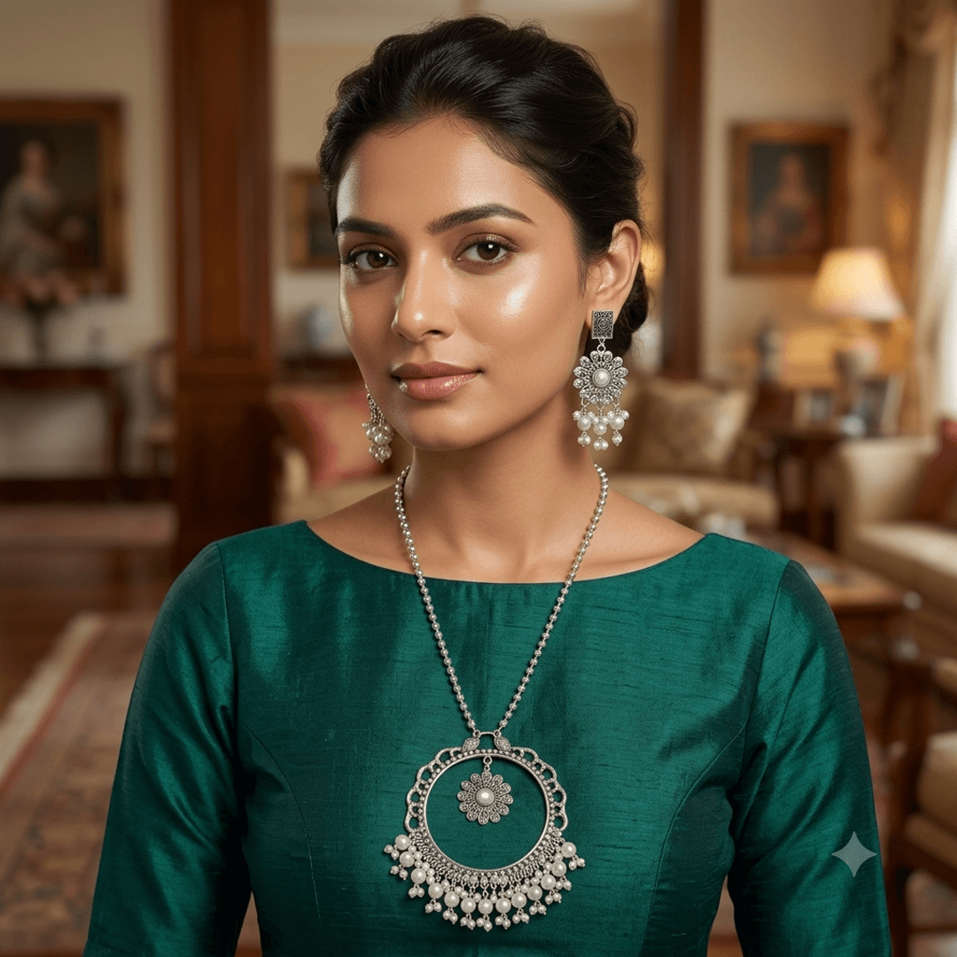 Model wearing an oxidized silver necklace set with white stone pendant, pearl detailing, and matching earrings on a teal outfit.