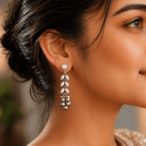 A woman wearing sophisticated, long drop earrings featuring a line of white pearl-like ovals ending in a cluster of small silver-toned spheres.