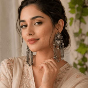 Woman wearing german silver-tone statement earrings with black stones and long chain tassels