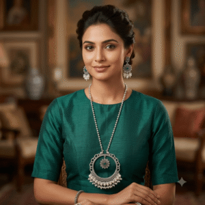 Model wearing an oxidized silver necklace set with green stone pendant, pearl detailing, and matching earrings on a teal outfit.