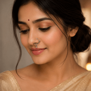 A close-up portrait of a woman wearing a simple, elegant silver hoop nose ring (Nath) featuring a thin chain connecting the top and bottom of the hoop with a small bead accent.