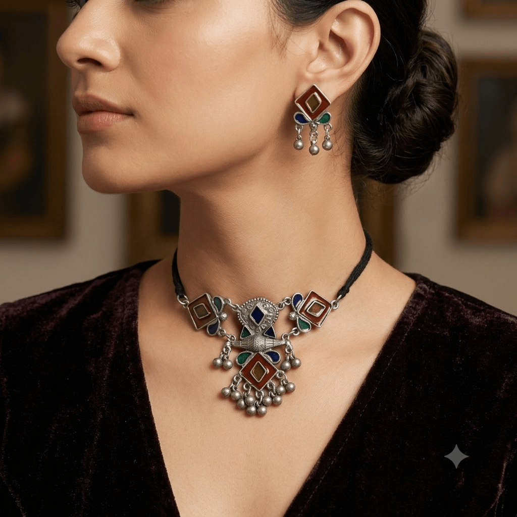 Woman wearing Afghani oxidised multicolor choker necklace with matching earrings.