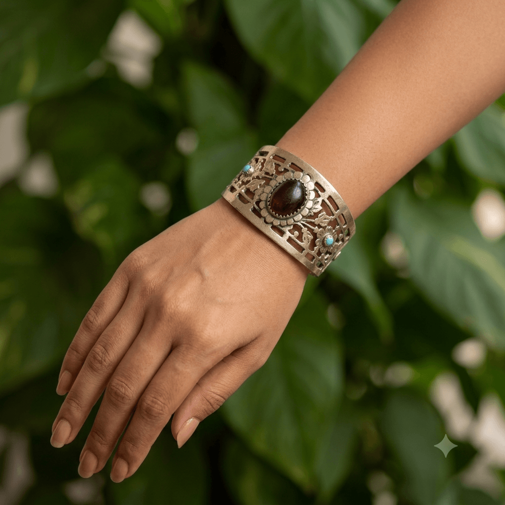 Close-up of a woman wearing a premium Afghani German silver cuff kada featuring a maroon oval stone, turquoise accents, and intricate tribal cutwork.