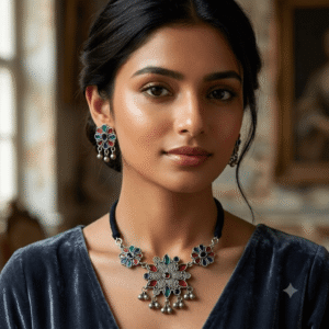Woman wearing Afghani oxidised multicolor choker necklace with matching earrings.