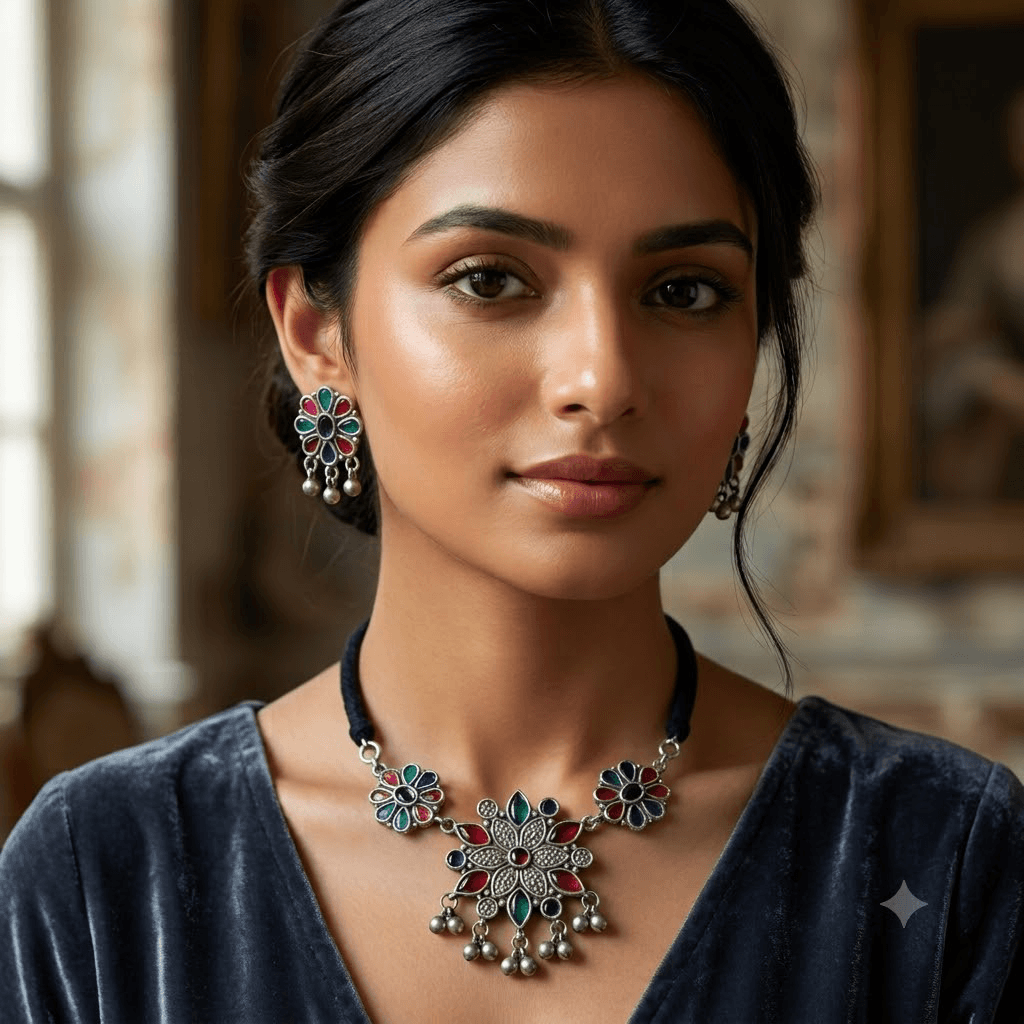 Woman wearing Afghani oxidised multicolor choker necklace with matching earrings.