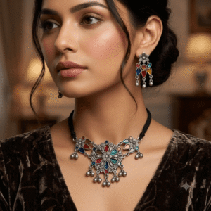 Woman wearing Afghani oxidised multicolor choker necklace with matching earrings.