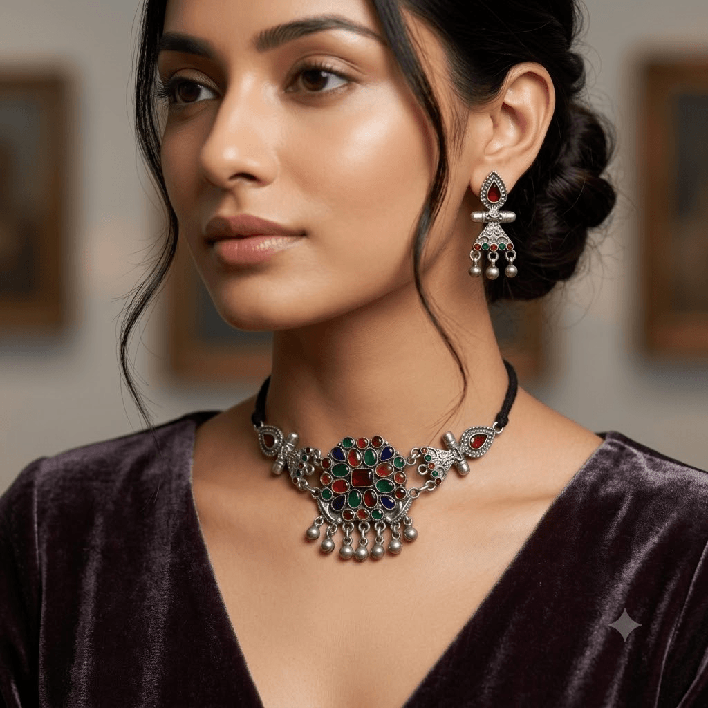 Woman wearing Afghani oxidised multicolor choker necklace with matching earrings.