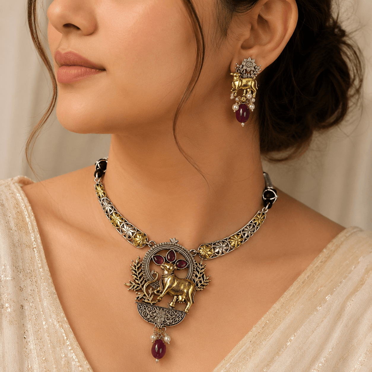 Woman wearing an antique silver cow motif necklace with matching traditional earrings in a premium ethnic jewelry photoshoot.