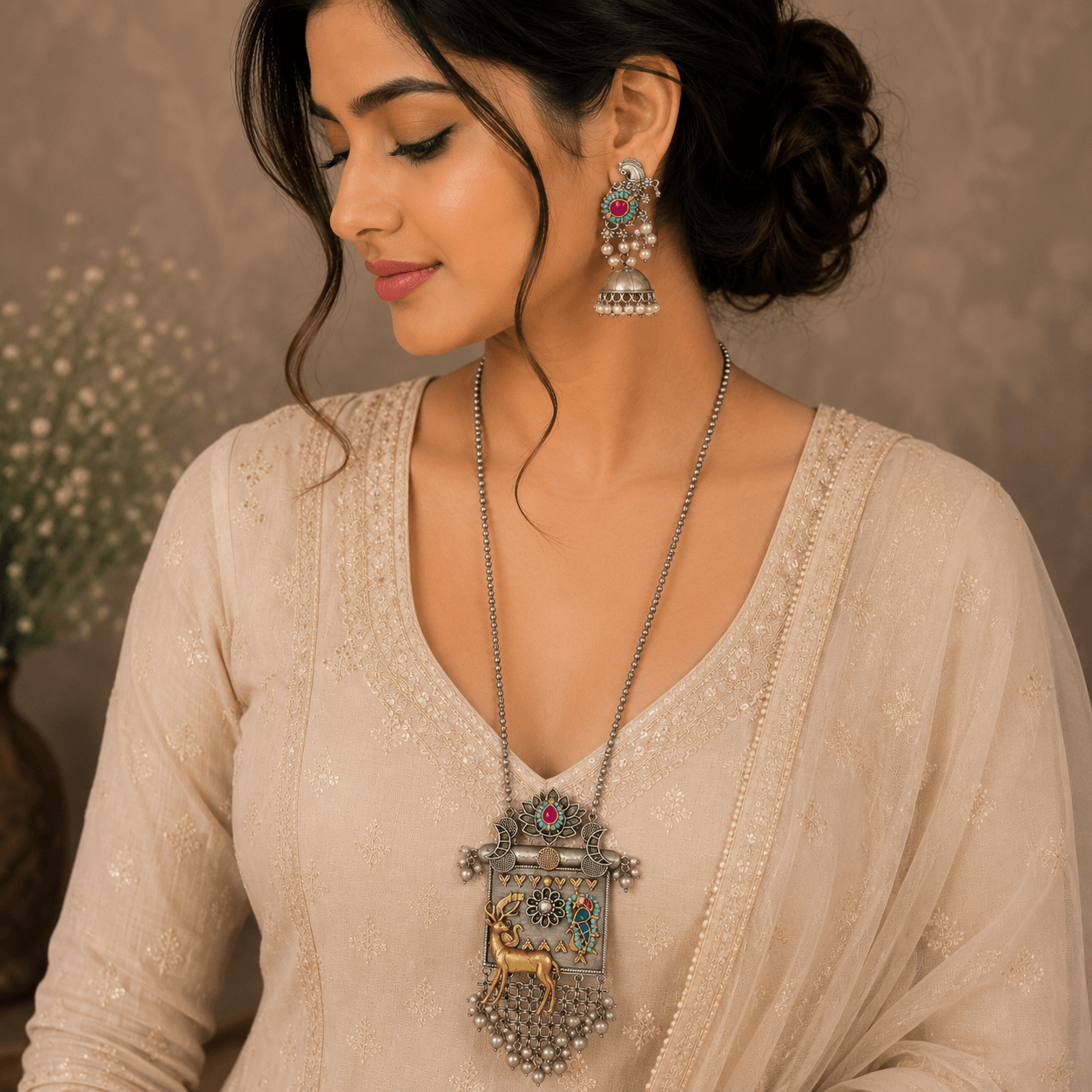 Woman wearing an antique silver deer motif statement necklace with matching jhumka earrings featuring pearl and turquoise accents in a premium ethnic jewelry photoshoot.