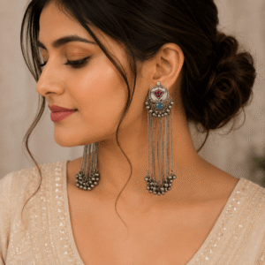 Woman wearing antique silver long chain tassel earrings with pink and sky blue stone detailing in a premium ethnic jewelry photoshoot.
