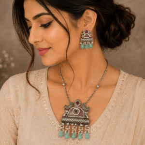 Woman wearing an antique silver temple pendant necklace with matching earrings featuring pearl clusters and mint green teardrop beads in a premium ethnic jewelry photoshoot.