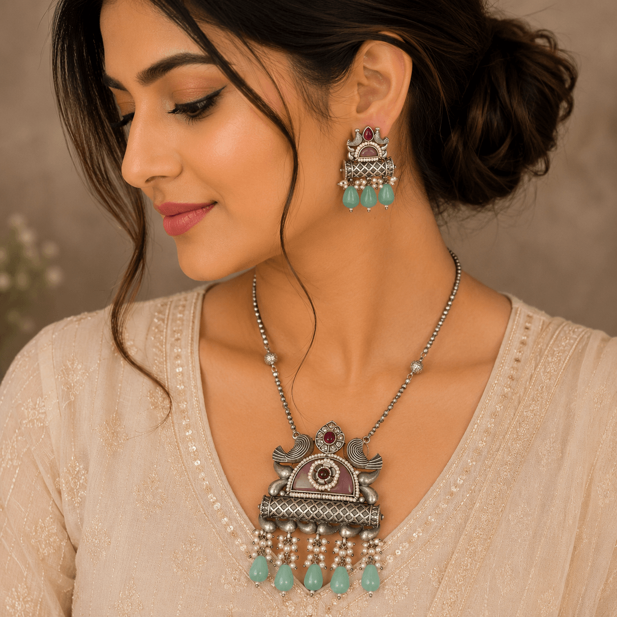 Woman wearing an antique silver temple pendant necklace with matching earrings featuring pearl clusters and mint green teardrop beads in a premium ethnic jewelry photoshoot.
